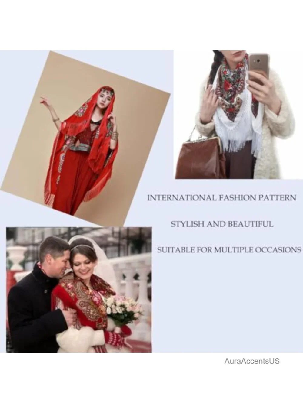 Traditional Folk Scarf with Tassel Fringes Square Shawl Wrap Cape 62x62